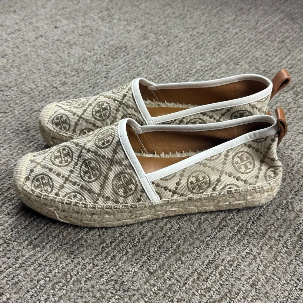 Tory Birch Womens 7 T Monogram Platform Espadrilles Ship On Shoe Logo Jacquard